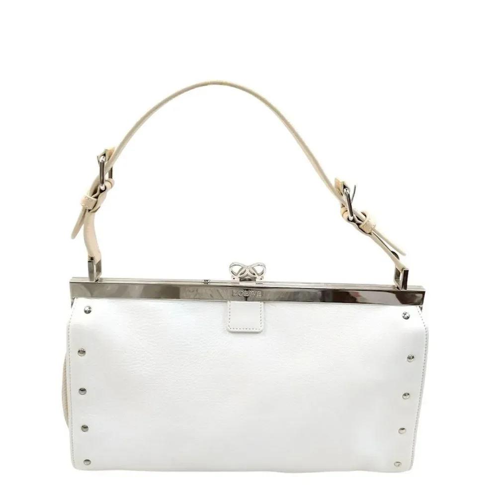 Auth LOEWE White Leather Frame Box Clutch Baguette Pouchette